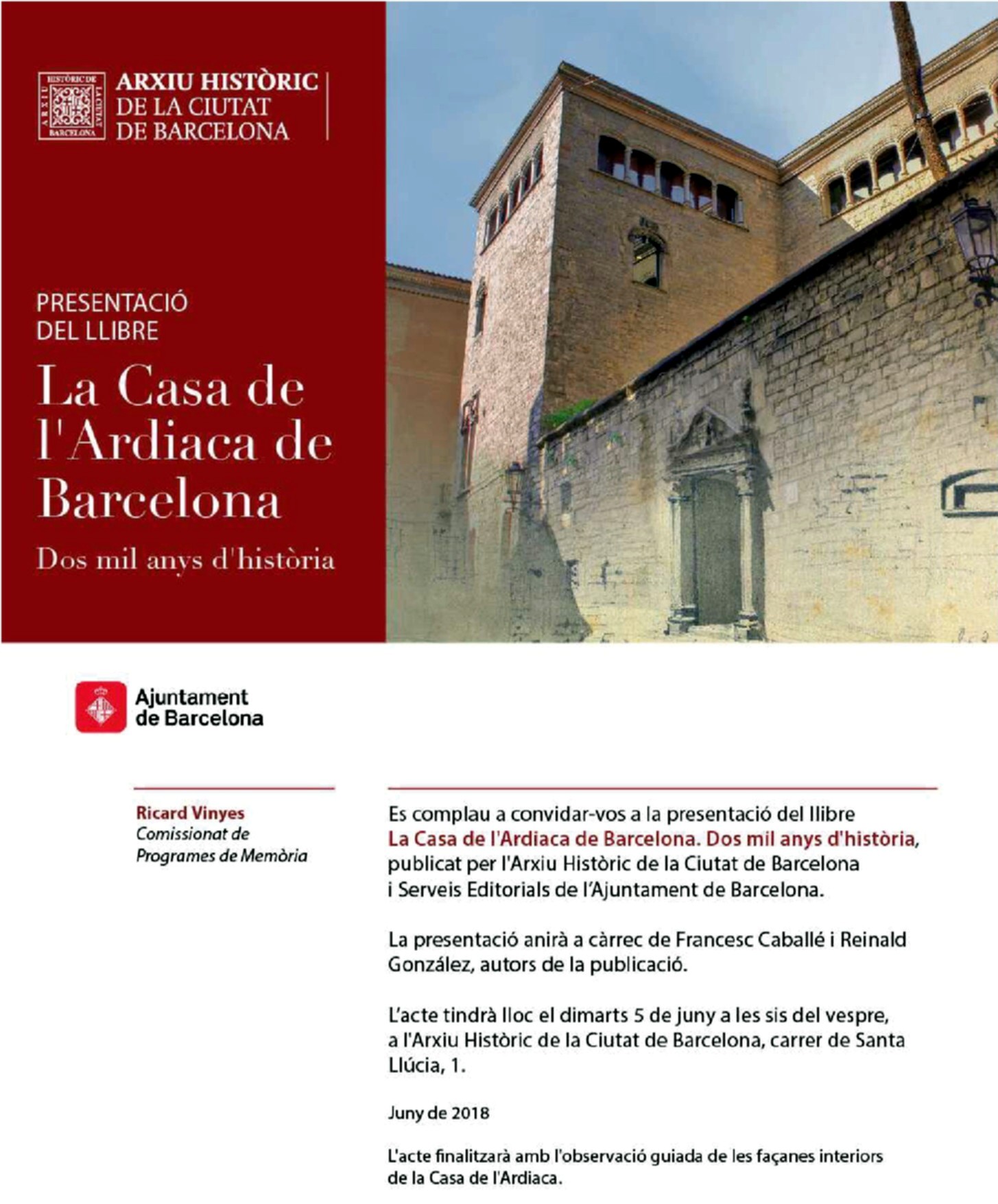 Presentació del llibre “La casa de l’ardiaca de Barcelona. Dos mils anys d’història”